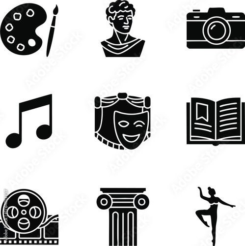A clean grid of black silhouette icons symbolizing diverse arts and culture on a white background