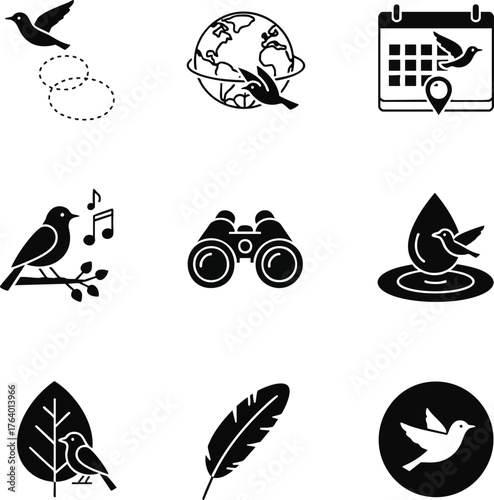 A collection of bird-related icons in a minimalist black and white style