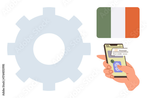 Gear icon, Irish flag, hand holding phone displaying a verification code. Ideal for technology, security, mobile apps, national identity, innovation processing digital authentication. Simple flat
