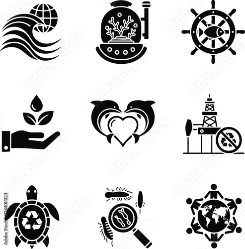 A collection of flat vector icons illustrating ocean conservation and marine life themes