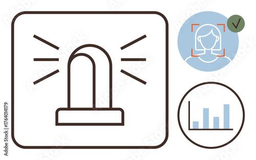 Emergency beacon emitting signals, face recognition feature with verification checkmark, and bar graph insight. Ideal for technology, security, data tracking, analytics, AI, automation simple flat