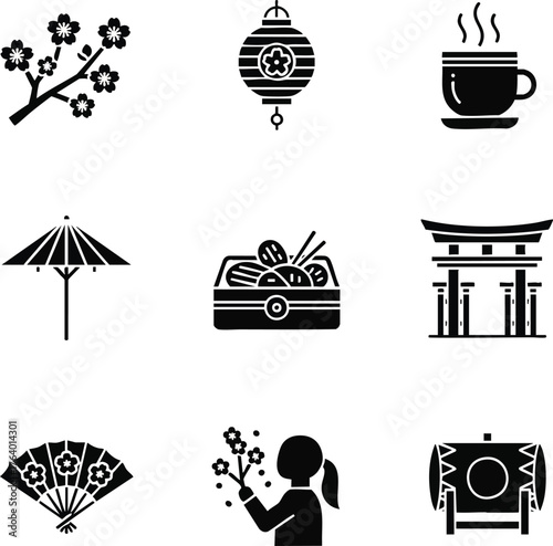 A comprehensive set of black silhouette icons representing Japanese culture