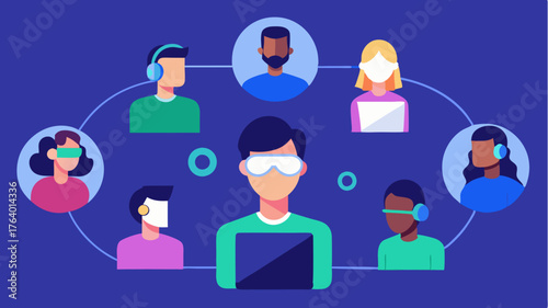 A virtual reality workspace where avatars represent diverse team members collaborating on a project through immersive technology.