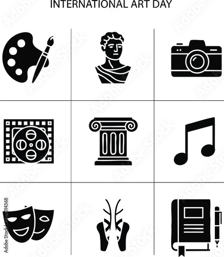 A grid of black glyph icons on a white background, representing diverse art and cultural forms