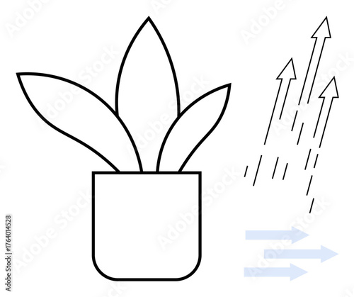 Potted plant with bold lines, upward arrows for growth, and airflow lines. Ideal for nature, growth, sustainability, wellness, eco-living air quality and minimalism-themed concepts. Simple flat