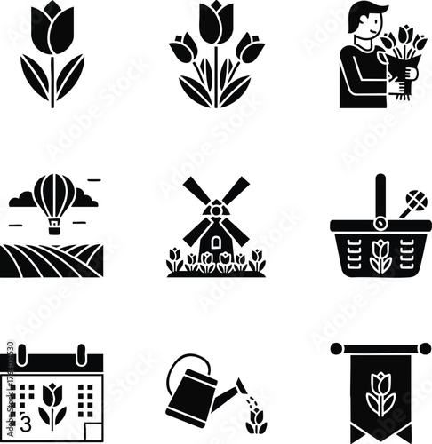 A vector illustration featuring various tulip-themed icons and symbols