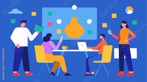 A vibrant room adorned with posters and inspirational quotes where a team is engaged in a dynamic discussion using a mind mapping technique.