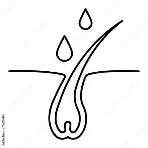 Line icon of hair follicle with drops. Concept of hair hydration and hair care. Linear illustration, editable stroke icon.