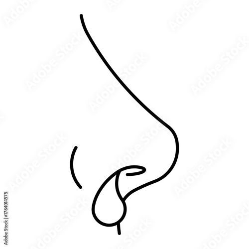 Line icon of nose with drop. Concept of runny nose and cold symptom. Linear illustration, editable stroke icon.