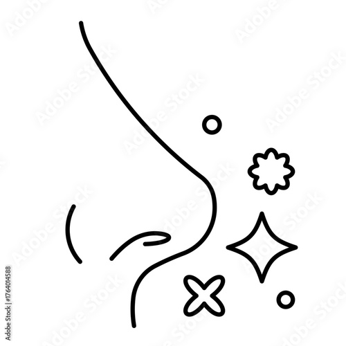 Line icon of nose and pollen particles. Concept of seasonal allergy and hay fever. Linear illustration, editable stroke icon.
