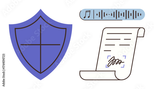 Blue shield for security, audio waveform for digital media, signed document for intellectual property rights. Ideal for copyright, law, digital security, contracts, licensing media policy. Simple