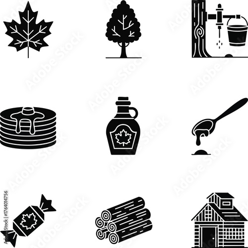 Black and white icon set illustrating maple syrup production