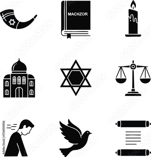 Black and white vector graphics depicting Jewish holidays. Features Rosh Hashanah and Yom Kippur symbols including a shofar, Machzor, and synagogue