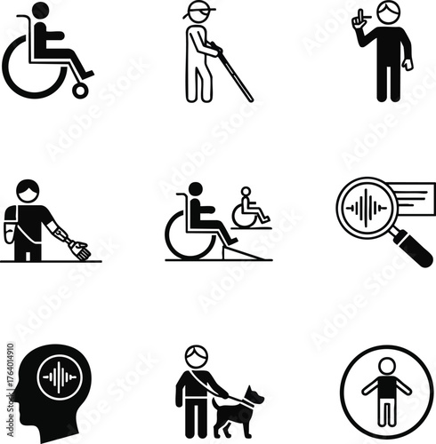 Black and white vector icon set for disability and accessibility. Features wheelchair users, blind, deaf, prosthetics, and service dogs