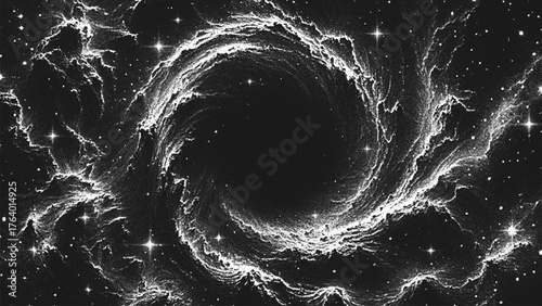Amazing huge massive black hole surrounded by a cosmic nebula. Gravitational pull of the universe in a cosmic cloud storm of light and shadows. Dotwork. Pointillism. Dots shading. Vector illustration