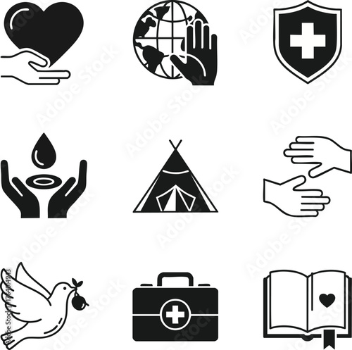 Black and white vector icons illustrating charity, humanitarian aid, healthcare, and environmental protection
