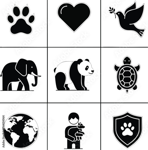 Black and white vector icons on a grid representing animals, nature, and compassion. Conservation and animal welfare concept