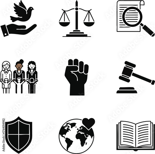 Black and white vector icons representing essential concepts of justice, human rights, and social advocacy themes