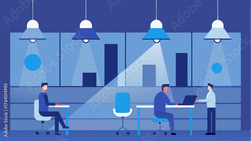 A conceptual visualization of smart lighting systems in an office showing occupancy sensors adjusting brightness and color temperature based on realtime occupancy data.