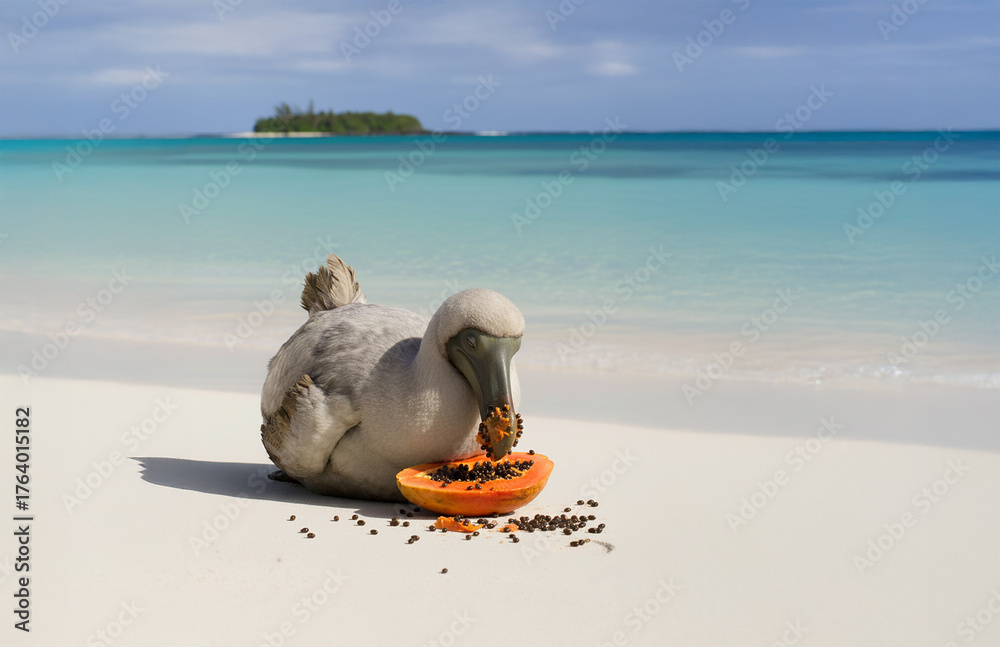 Obraz premium Close-up of a dodo bird eating papaya and dodo bird on a tropical island, Mauritius. This extinct bird is depicted in its natural habitat among palm trees and sandy shores.