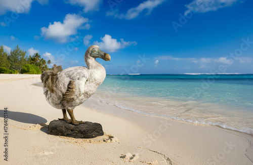 Close-up of a dodo bird on a tropical island, Mauritius. This extinct bird is depicted in its natural habitat among palm trees and sandy shores.