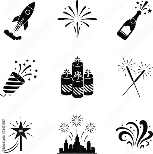 Black silhouette celebration icons. Features fireworks, champagne, party popper, sparklers, and a rocket