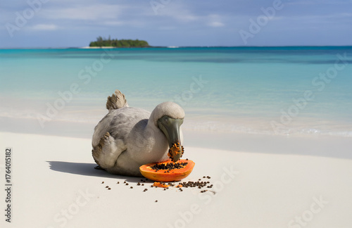 Close-up of a dodo bird eating papaya and dodo bird  on a tropical island, Mauritius. This extinct bird is depicted in its natural habitat among palm trees and sandy shores.