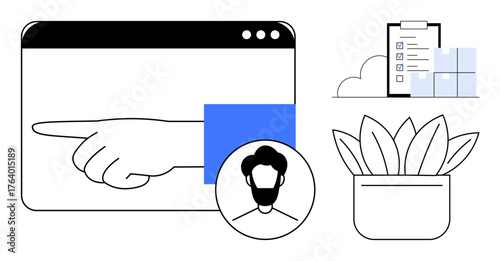 Hand pointing on browser, user avatar, task checklist, and plant pot symbolizing online productivity. Ideal for workflow, organization, user management, focus, collaboration productivity