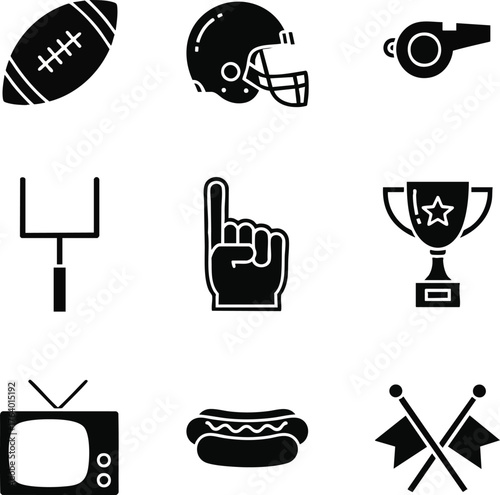 Black silhouette icons for American football game day. Includes equipment, fan gear, and food. Perfect for web and app design