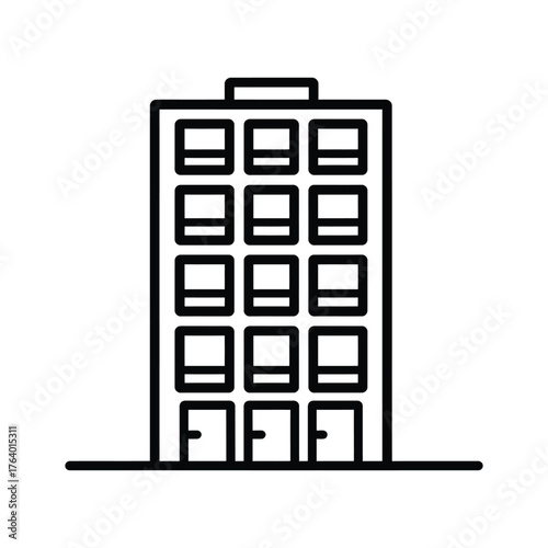 Black outlined simple multistory building features many windows on a white background