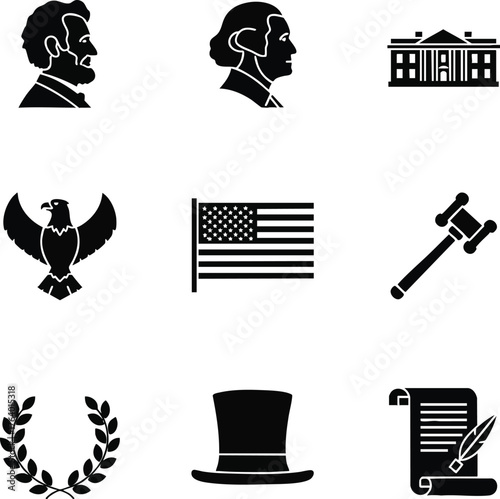 Black silhouette vector icons of American patriotic and governmental symbols. Features presidents, flag, eagle, White House, and historical items