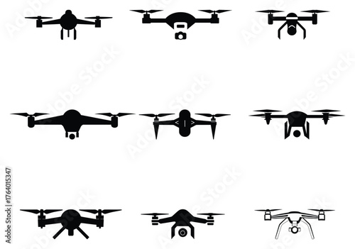 Black drone silhouettes with various camera and rotor configurations are flying over a white background