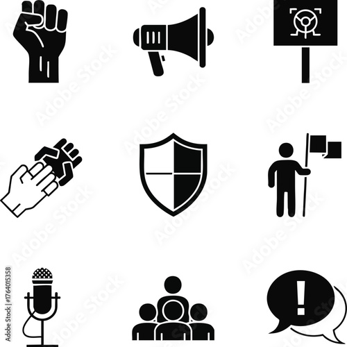 Black vector icons for protest and social activism. Features a raised fist, megaphone, shield, and people
