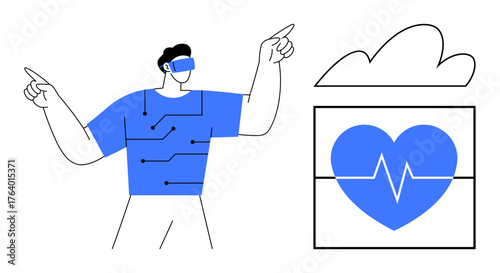 Individual wearing augmented reality headset interacting with health data and heart monitor in tech interface. Ideal for health tech, innovation, VR, wellness, wearable devices, telemedicine, digital
