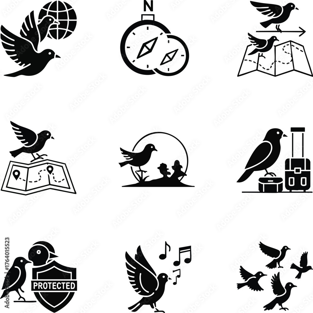 Fototapeta premium Clean vector bird icons. Depicting themes of travel, freedom, nature, global navigation, migration, and wildlife protection