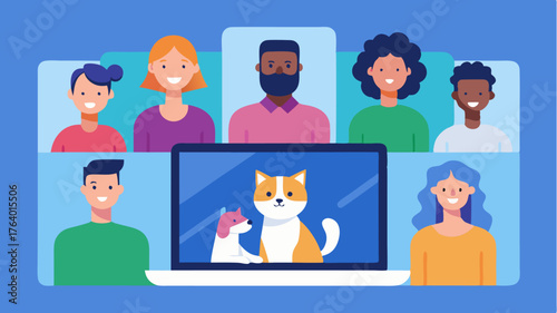 A virtual team meeting featuring a diverse group showing their pets in the background of their respective video feeds.