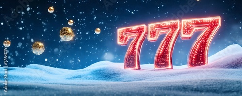 Lucky triple seven numbers glowing red on snowy landscape. Golden baubles floating, snow falling during winter holiday season