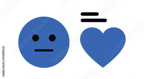 Blue smiley face emoji equals a blue heart icon representing love and emotion