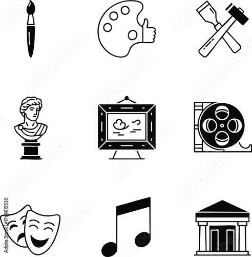 Clean line art icons depicting art, culture, and entertainment