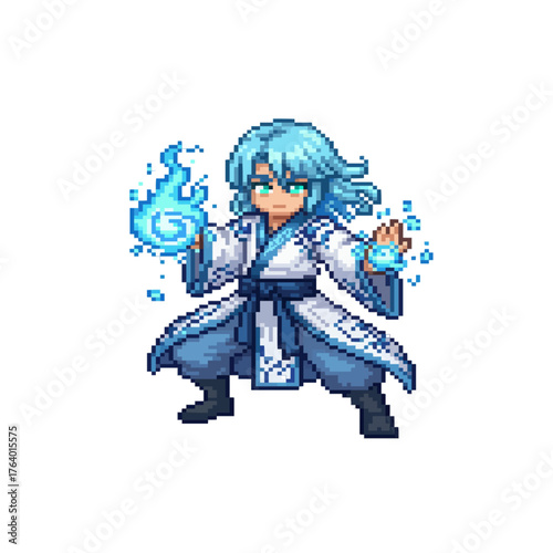 pixel art water mage casting spell wave magic