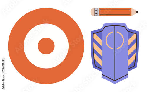 Circular target, colorful shield, and pencil signify precision, safety, and innovation. Ideal for strategy, protection, creation education goal-setting achievement. Simple flat metaphor
