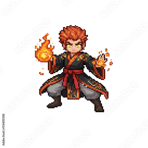 pixel art fire mage battle stance lava spell casting