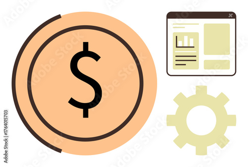 Large dollar sign on coin, a settings gear, and a webpage interface. Ideal for finance, business strategy, e-commerce, banking, investments web design technology integration. Simple flat metaphor
