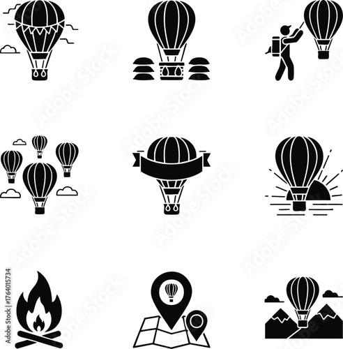 Collection of hot air balloon black glyph icons. Symbols for travel, adventure, flight, landing, sunrise, location, and camping are included