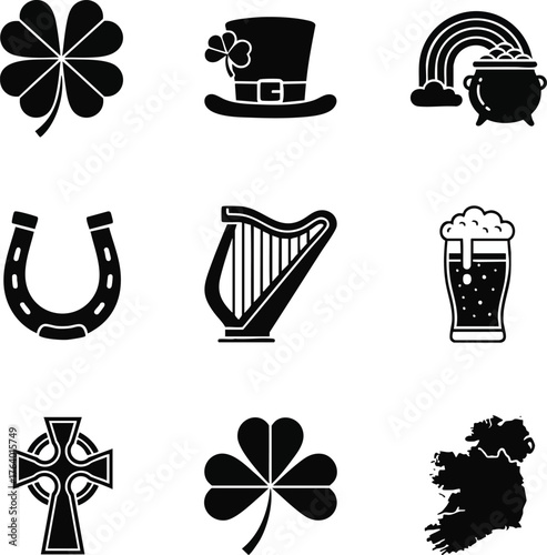 Collection of Irish and St. Patrick's Day symbols, icons, and graphics in black and white. Great for Irish themed designs and celebrating St