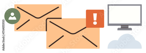 Two envelopes symbolizing email, user icon, alert mark, desktop monitor, and cloud. Ideal for communication, messaging, alert, technology collaboration office workflow simple flat metaphor