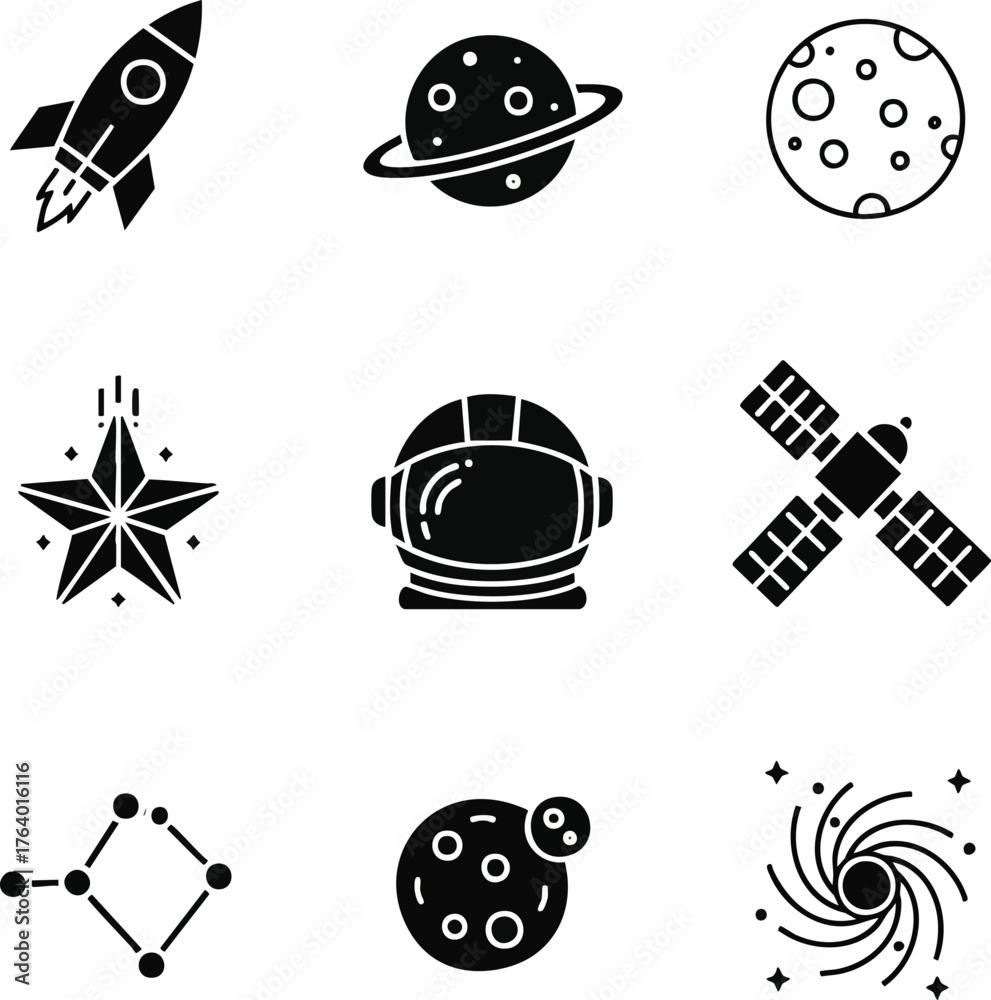 Fototapeta premium Cosmic exploration icons featuring planets, rockets, astronaut helmet, stars, constellations, and satellites