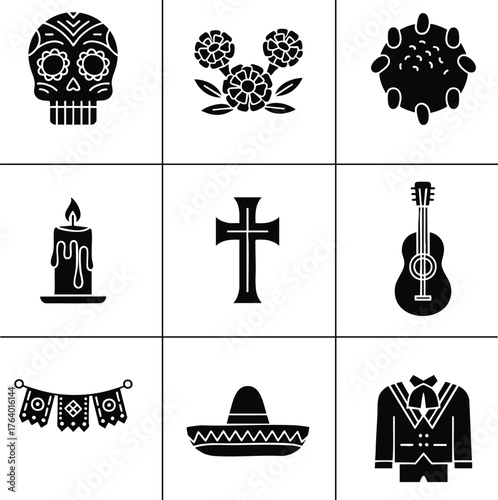 Dia de Muertos icons: sugar skull, marigolds, candle, cross, guitar, sombrero, charro suit, and more