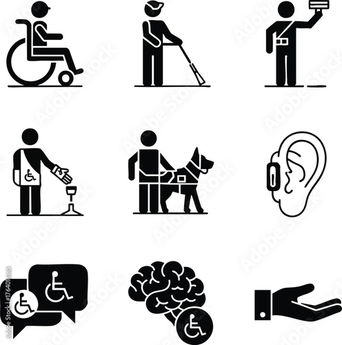 Disability and accessibility icons showcase various needs and assistive aids. The vector art promotes inclusivity in a modern, minimalist style