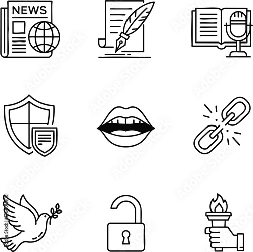 Diverse line icons concept. News, writing, speech, security, broken chain, peace, open lock, and torch symbols